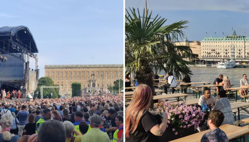 Stor publik vid scenen och uteservering vid vattnet. Ett smakprov på Stockholm Kulturfestival program.
