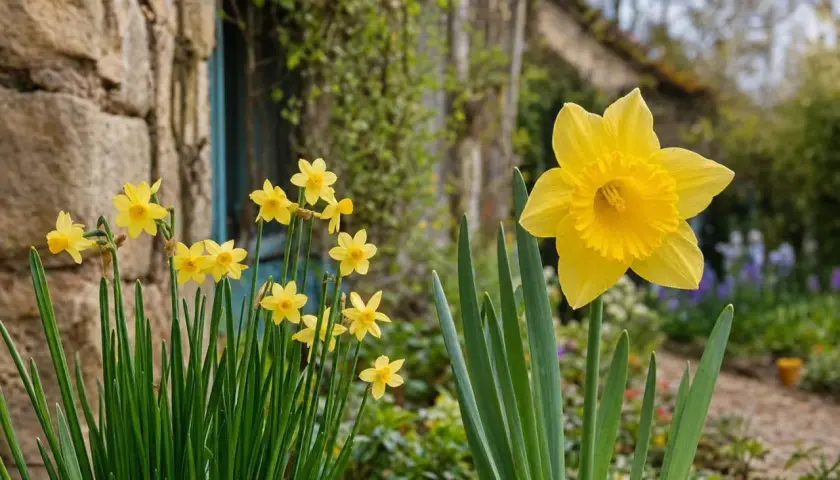 Un bouquet de jonquilles jaunes, symbole de renouveau, éclaire un jardin de pierre.