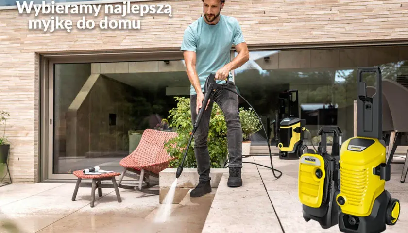 Mężczyzna używa myjki ciśnieniowej na tarasie obok żółtych urządzeń Karcher.