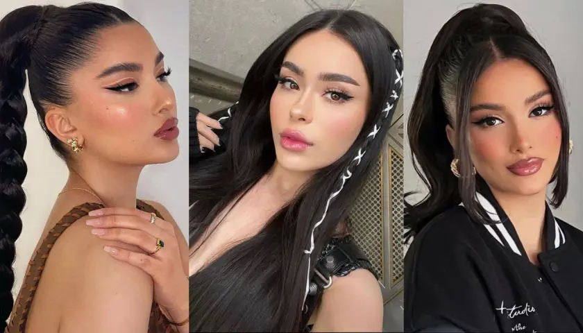 Tres mujeres con peinados aesthetic: una con coleta alta y trenza, otra con trenzas finas y cordones blancos, y la tercera con coleta alta y mechones sueltos.