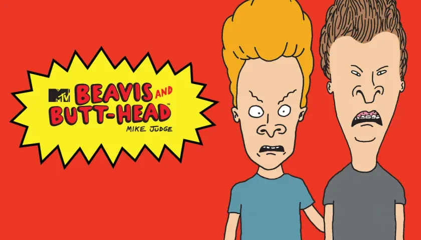 Beavis och Butt-Head skrattar med sina karaktäristiska ansiktsuttryck.