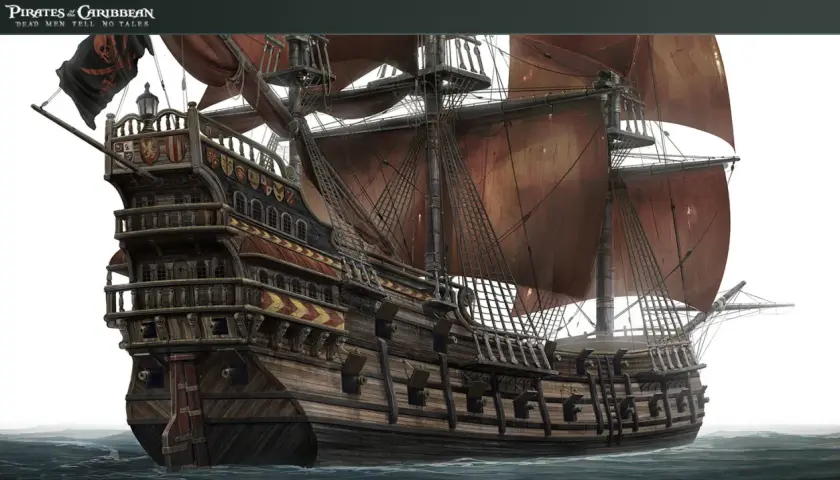 Majestatyczny galeon z "Piraci z Karaibów" z czerwonymi żaglami i czarną banderą z czaszką, gotowy na przygodę.