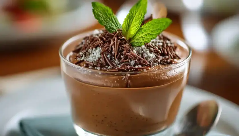 Une coupe de mousse au chocolat onctueuse, garnie de copeaux de chocolat et de menthe fraîche. Parfait pour une recette facile.