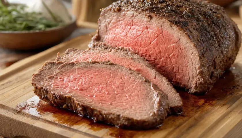 Un rôti de bœuf juteux, tranché sur une planche en bois. J'ai oublié de mettre la viande au frigo, mais elle a l'air délicieuse !