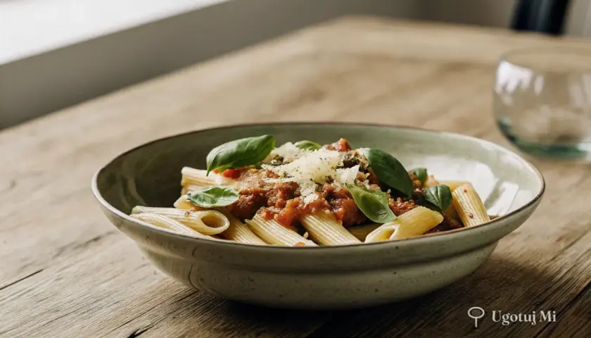 Penne z sosem pomidorowym i tuńczykiem, posypane parmezanem i udekorowane listkami bazylii. Pyszny makaron z tuńczykiem na drewnianym stole.