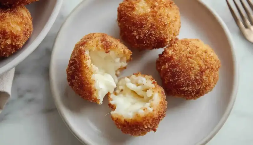 Croquettes de riz italiennes dorées et croustillantes, une bouchée révèle un cœur fondant. Parfaites pour une recette facile.