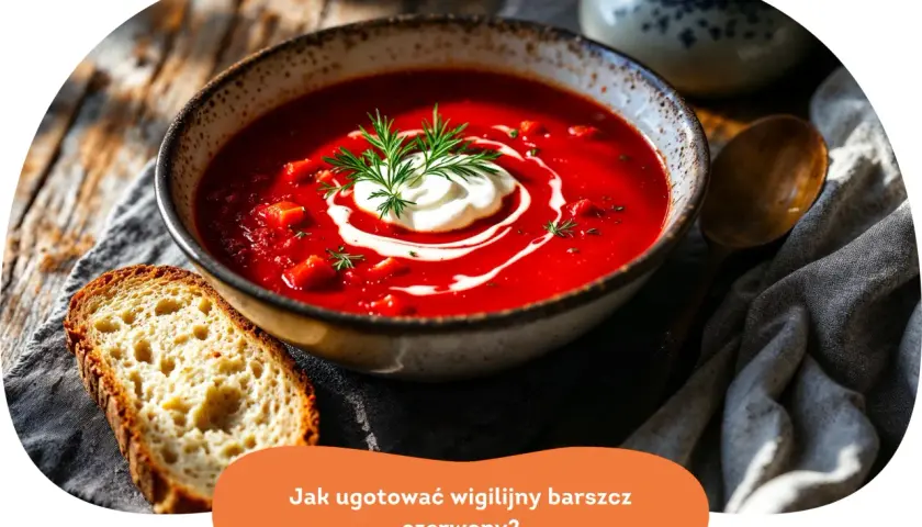 Aksamitny barszcz czerwony wigilijny z kleksem śmietany i gałązką koperku, obok kromka chleba.