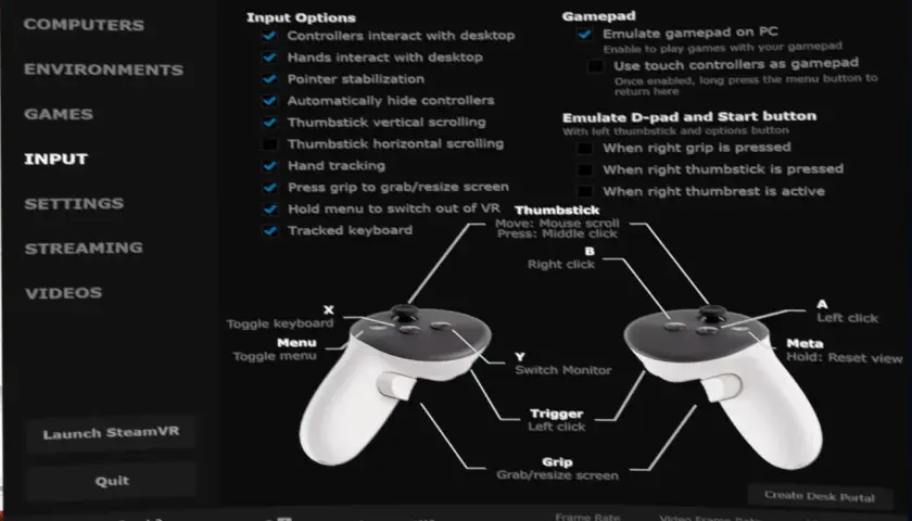 Interface de configuration de vr desktop montrant les options d'entrée et de manette pour les casques VR.