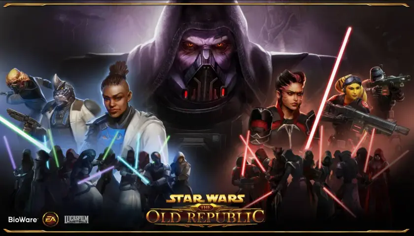 Star Wars: The Old Republic mmorpg. Bohaterowie i złoczyńcy z mieczami świetlnymi i bronią.