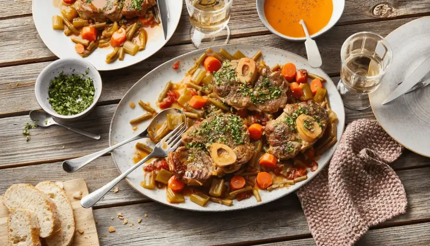 Ein festliches Mahl: saftiges Ossobuco mit Gemüse und einem Glas Weißwein. Dazu frisches Brot und eine cremige Tomatensuppe.