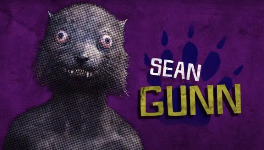 Une belette aux yeux exorbités, clin d'œil à Sean Gunn dans Suicide Squad 2, sur fond violet avec des empreintes de pattes.