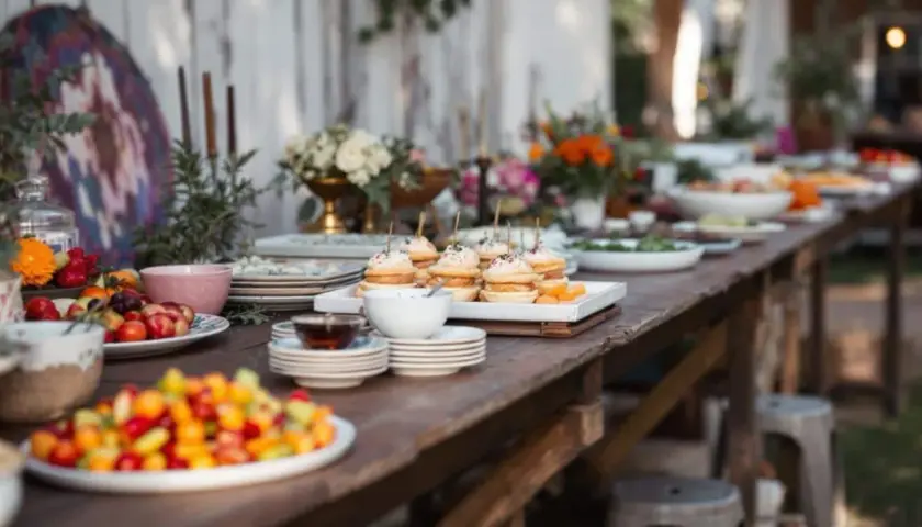 Buffet mariage bohème chic : petits fours, salades de fruits colorées et fleurs champêtres sur une table en bois rustique.