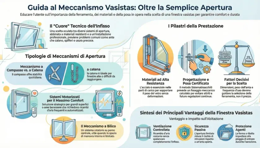 Guida ai meccanismi vasistas: illustra tipi di apertura, materiali, progettazione e fattori decisivi. Evita che una finestra vasistas si sganci con la giusta scelta.