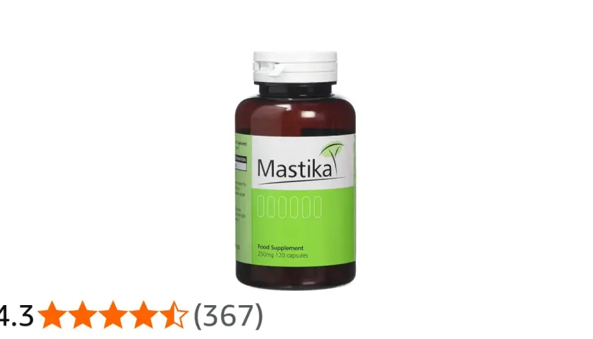 Butelka suplementu diety Mastika, 250mg 120 kapsułek. Mastika na co? Na problemy z żołądkiem.