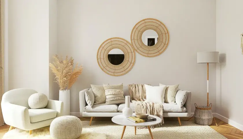 Przytulny salon w stylu minimalizm. Jasna kanapa, fotel, okrągłe lustra i plecione dodatki tworzą ciepłą atmosferę.