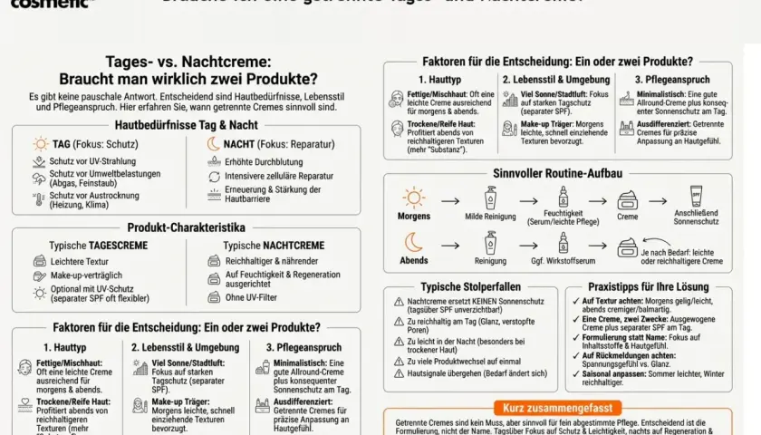 Die Grafik erklärt, wann eine getrennte Tages- und Nachtpflege sinnvoll ist. Sie vergleicht die Eigenschaften und den Nutzen beider Cremes.