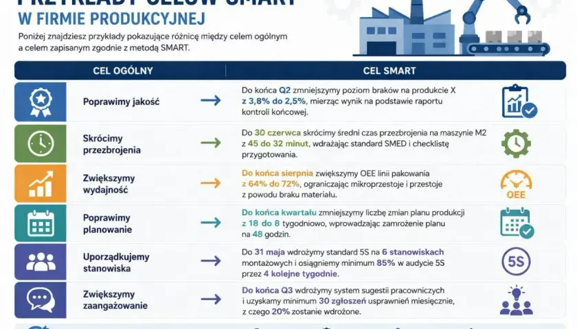 Przykłady celów SMART w firmie produkcyjnej: poprawa jakości, skrócenie przezbrojeń, zwiększenie wydajności, lepsze planowanie, uporządkowanie stanowisk, zwiększenie zaangażowania.