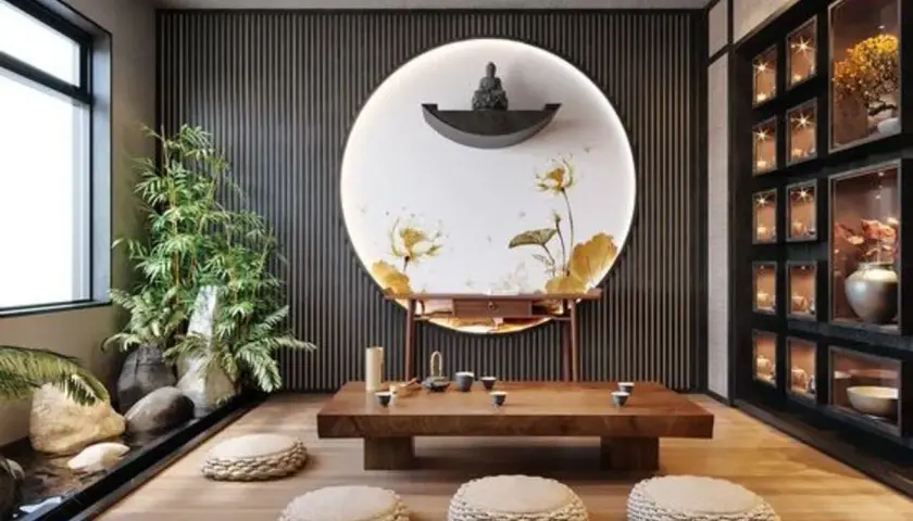 Ein Raum im japanischen Einrichtungsstil mit einem niedrigen Holztisch, Sitzkissen, einer Buddha-Statue auf einem Podest und einem Wandbild mit Lotusblumen.