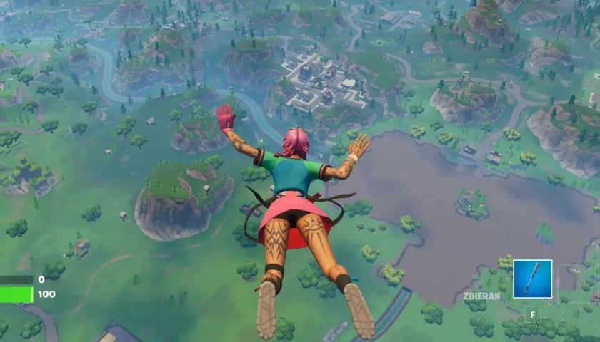 Postać z różowymi włosami spada na mapę w grze Fortnite, przygotowując się do akcji w stylu RPG.
