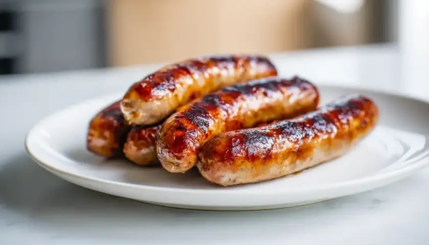 Cinq saucisses de Toulouse grillées à la perfection, prêtes pour la cuisson.