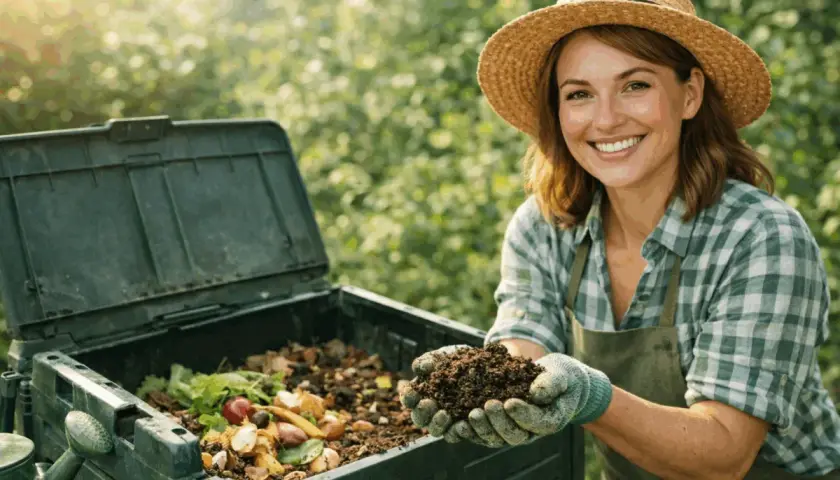 Donna sorridente con cappello di paglia mostra compost maturo, frutto del suo lavoro su come fare il compost.