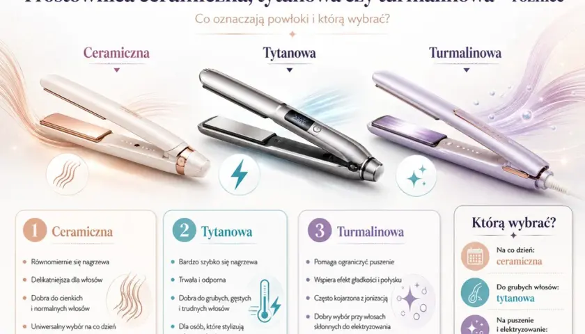 Trzy prostownice do włosów: ceramiczna, tytanowa i turmalinowa, z opisami ich cech.