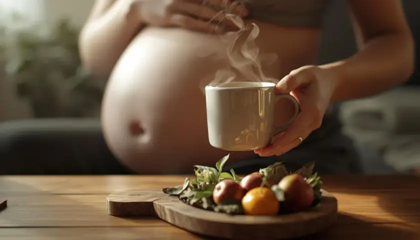 Ciepła herbata na zaparcia w ciąży, parująca z kubka, obok owoców na desce. Delikatne dłonie obejmują brzuch.