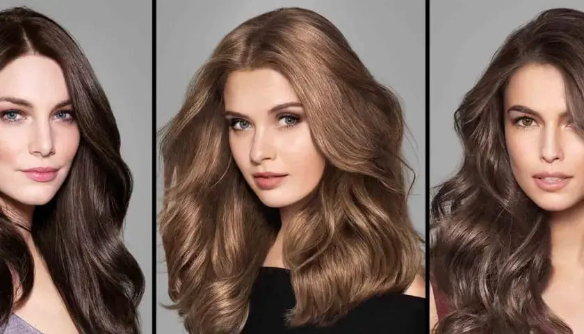 Tres mujeres lucen estilos de cabello castaño con reflejos miel, cada una con un look único y radiante.