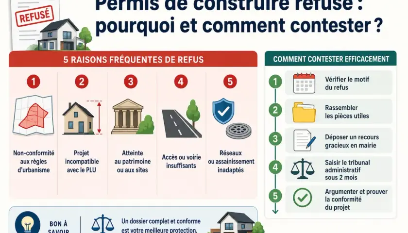 Permis de construire refusé : 5 raisons et comment contester efficacement, y compris saisir le tribunal administratif.