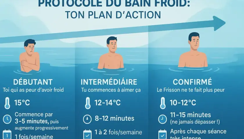 Protocole du bain froid : débutant, intermédiaire, confirmé. Ce guide montre comment s'habituer au jacuzzi eau froide, avec des températures et durées adaptées à chaque niveau.