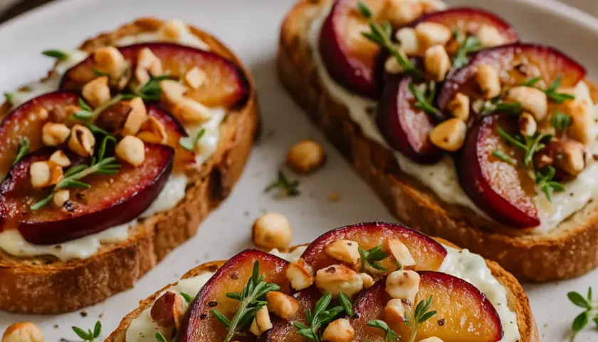 Bruschetta z gorgonzolą, śliwkami i orzechami laskowymi. Pyszna przekąska, która zachwyci każdego smakosza.