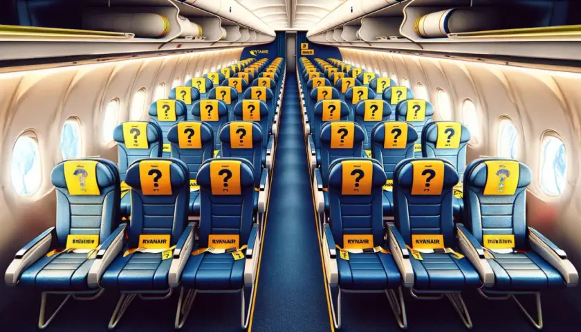 Puste rzędy siedzeń w samolocie Ryanair. Ile jest miejsc w samolocie? Zagadkowe żółte zagłówki z pytajnikami sugerują tajemnicę.