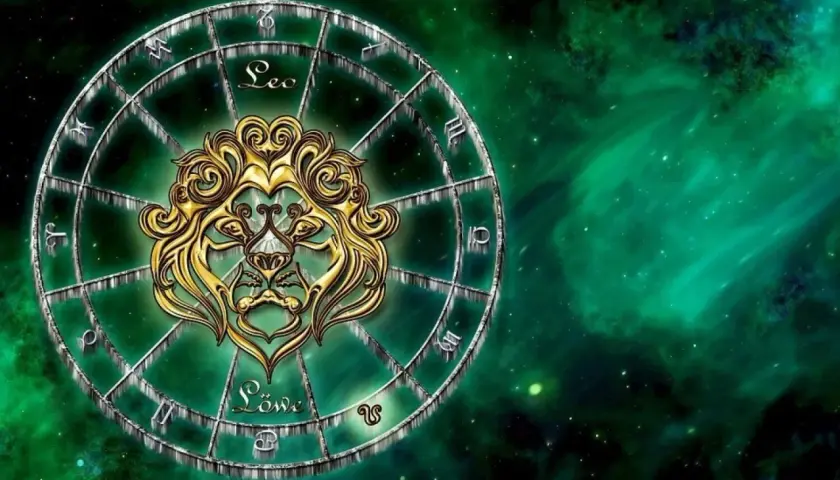 Złoty lew na tle zielonego kosmosu, symbolizujący 19 sierpnia znak zodiaku Lew.