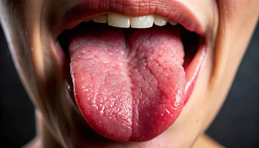 Lingua arsa e secca, con papille evidenti. Potrebbe indicare disidratazione o altre cause di bocca arsa.