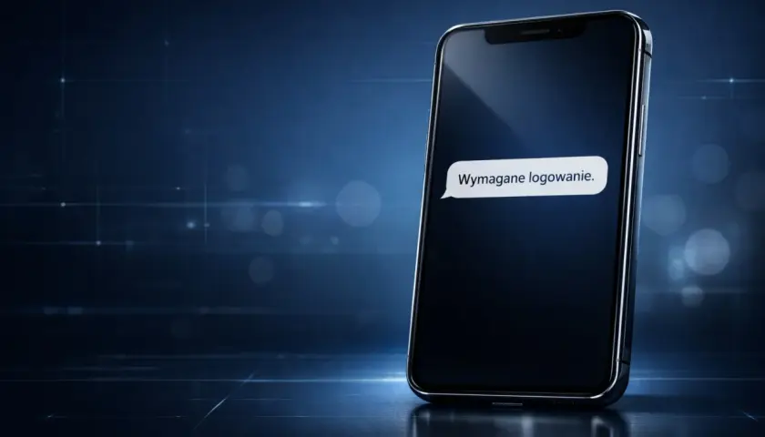 Telefon z wiadomością "Wymagane logowanie." – przykład smishingu. Uważaj na podejrzane SMS-y!