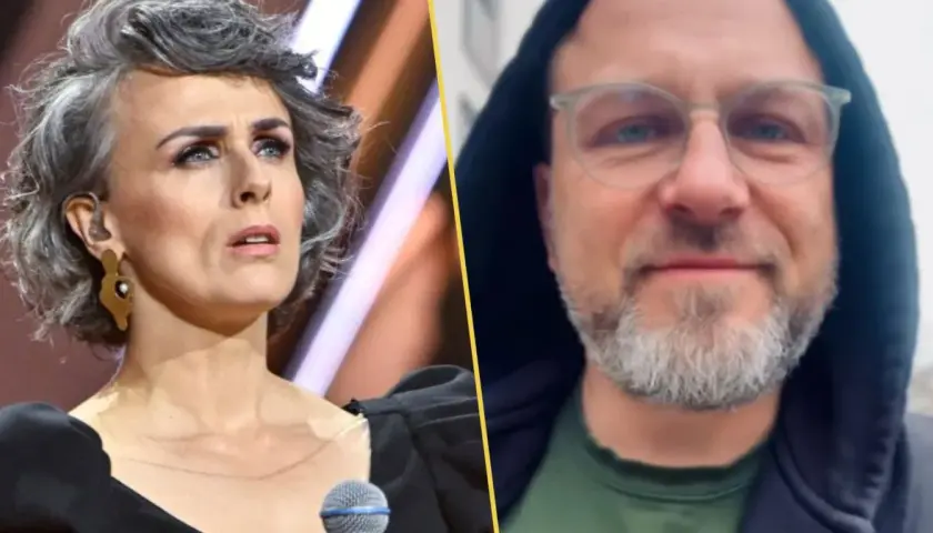 Natalia Niemen z mężem. Artystka na scenie, obok niej zbliżenie na twarz mężczyzny w okularach i z brodą.