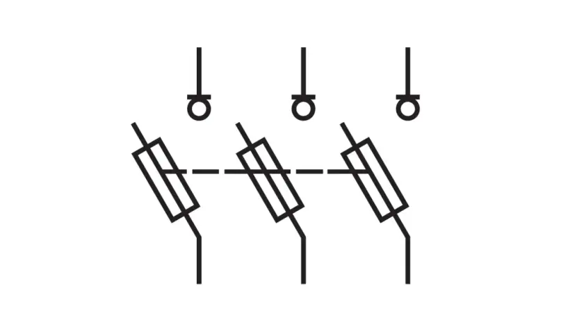 Schematyczny rozłącznik izolacyjny symbol. Trzy połączone prostokąty z ukośnymi liniami, symbolizujące trzy bieguny.
