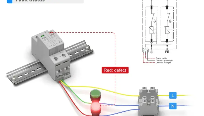 Schemat instalacji elektrycznej z ochronnikiem przepięciowym i wskaźnikiem awarii.