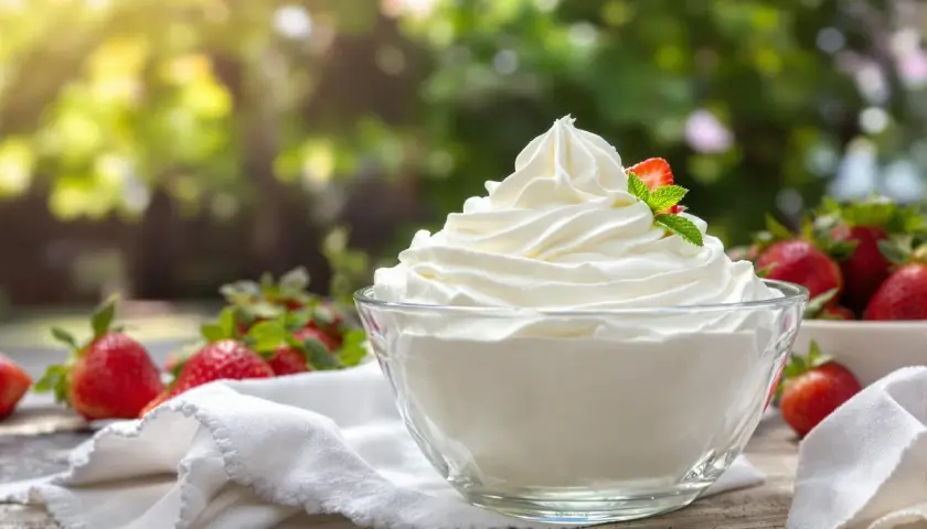 Un bol de crème chantilly qui tient longtemps, garni d'une fraise et d'une feuille de menthe, entouré de fraises fraîches.