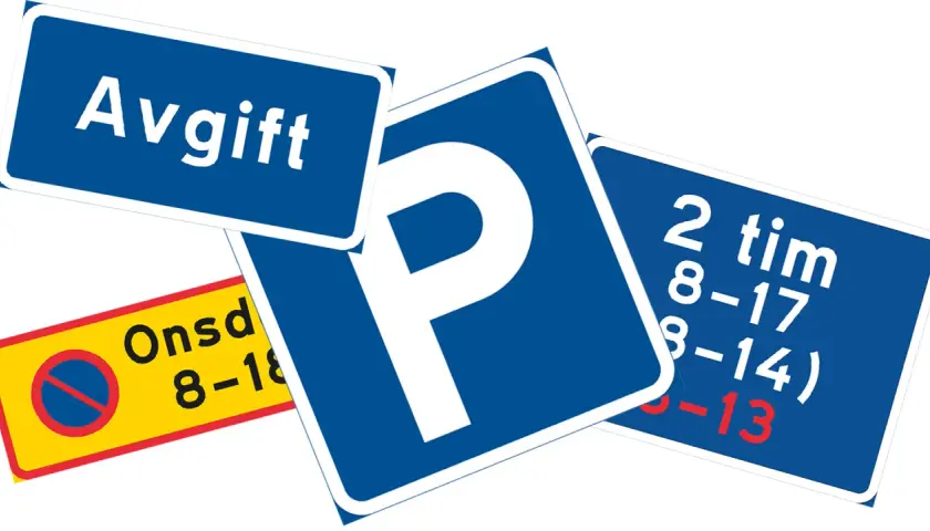 Parkeringsskyltar med information om avgift, tidsbegränsning och stoppförbud. Dessa skyltar visar viktiga lastplats regler.