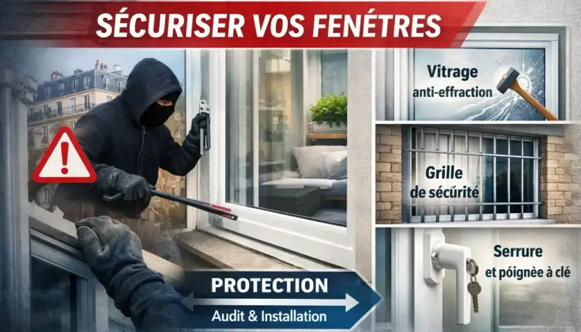 Un cambrioleur tente d'entrer par une fenêtre. L'image montre des solutions de sécurité : vitrage anti-effraction, grille, serrure.