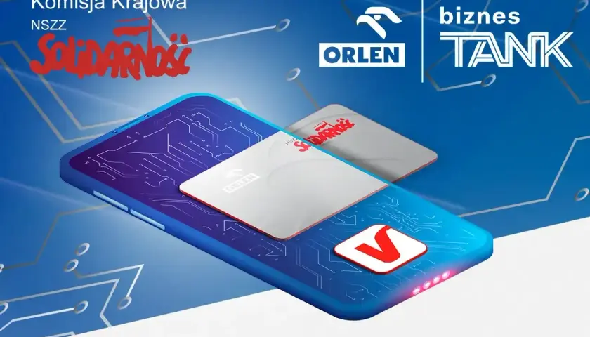 Karta Orlen Biznestank na ekranie smartfona, obok logo NSZZ Solidarność.