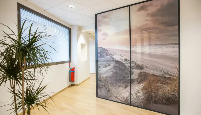 Un couloir moderne avec une plante verte et un extincteur, séparé par une grande cloison amovible ornée d'un paysage de dunes et de plage.