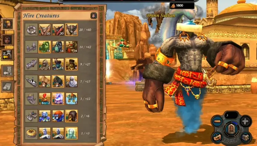 Menu "Hire Creatures" z gry Heroes 5 spolszczenie. Widoczny Djinn Sultan i dostępne jednostki do rekrutacji.