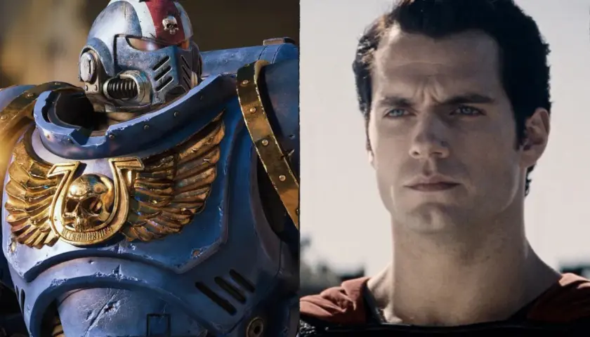 Henry Cavill jako Superman obok zbroi Space Marine z Warhammer.