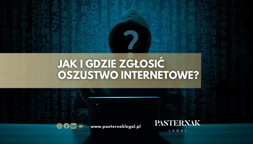Sylwetka hakera z pytajnikiem na twarzy, siedząca przed laptopem. Tekst: "Jak i gdzie zgłosić oszustwo internetowe?".