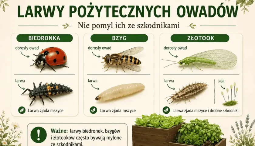 Larwy biedronki, bzyga i złotooka zjadają mszyce. Nie myl ich ze szkodnikami!
