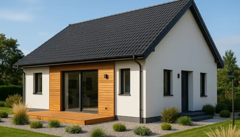 Nowoczesny dom 80m2 z drewnianym tarasem i dużymi przeszkleniami. Elegancka biel elewacji kontrastuje z ciemnym dachem i stolarką okienną.