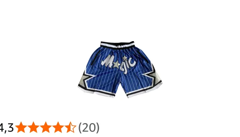 Niebieskie szorty koszykarskie z białymi paskami i napisem "Magic" ozdobione gwiazdkami. Idealne dla fana basketu.
