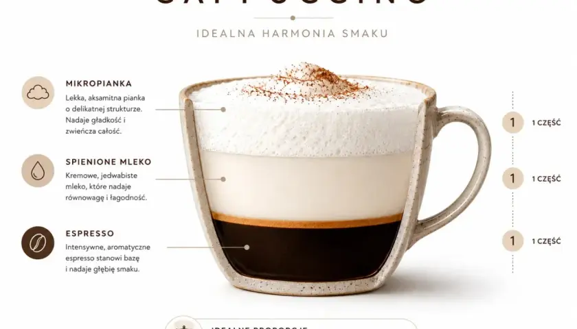 Idealne proporcje cappuccino: 1:1:1 espresso, spienione mleko i mikropianka tworzą harmonię smaku.